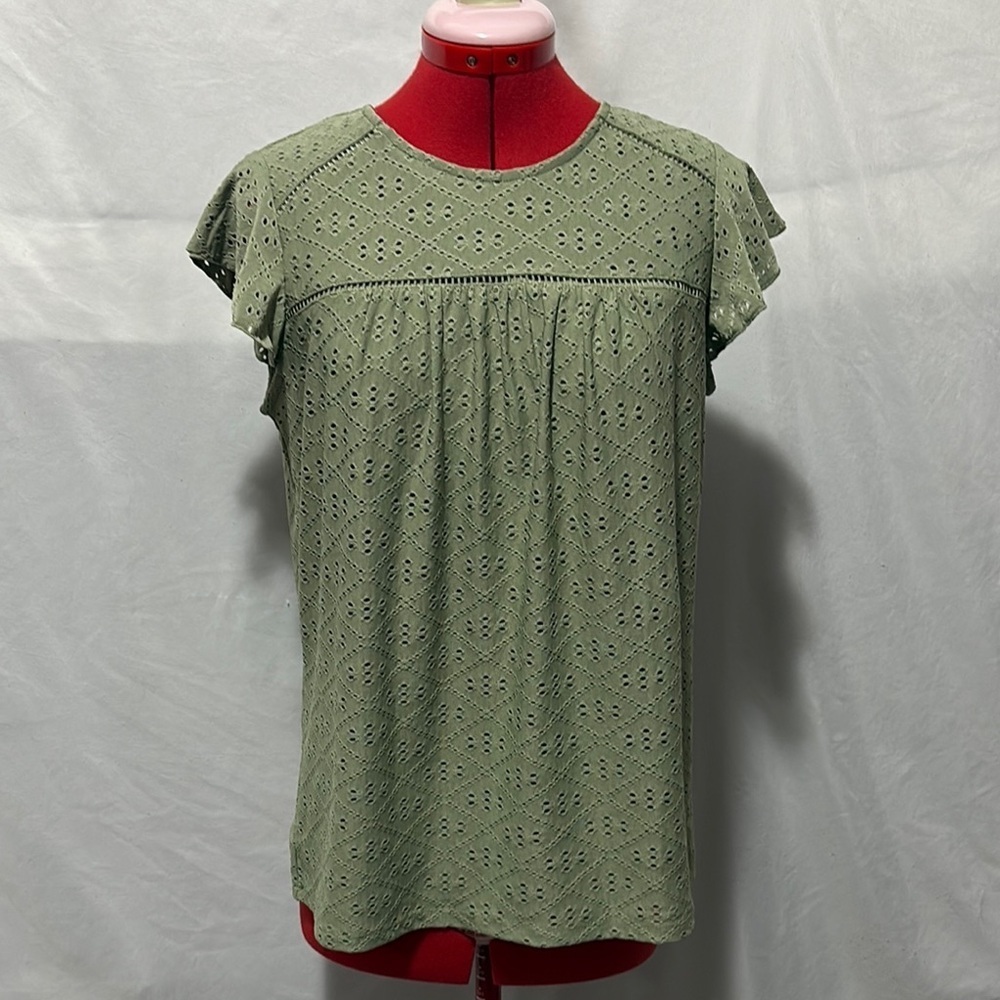 Adrianna Papell Green Ruffled Flutter Sleeve Blouse